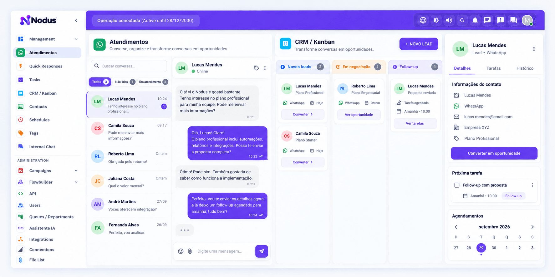 Representação do Nodus conectando atendimento, CRM Kanban, contato e follow-up